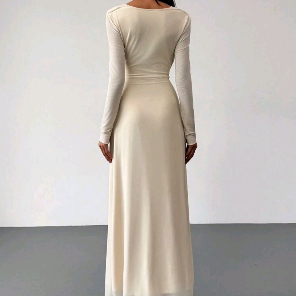 Long Sleeve Skin-Tight Mesh Apricot Color Dress - Picture 3 of 5